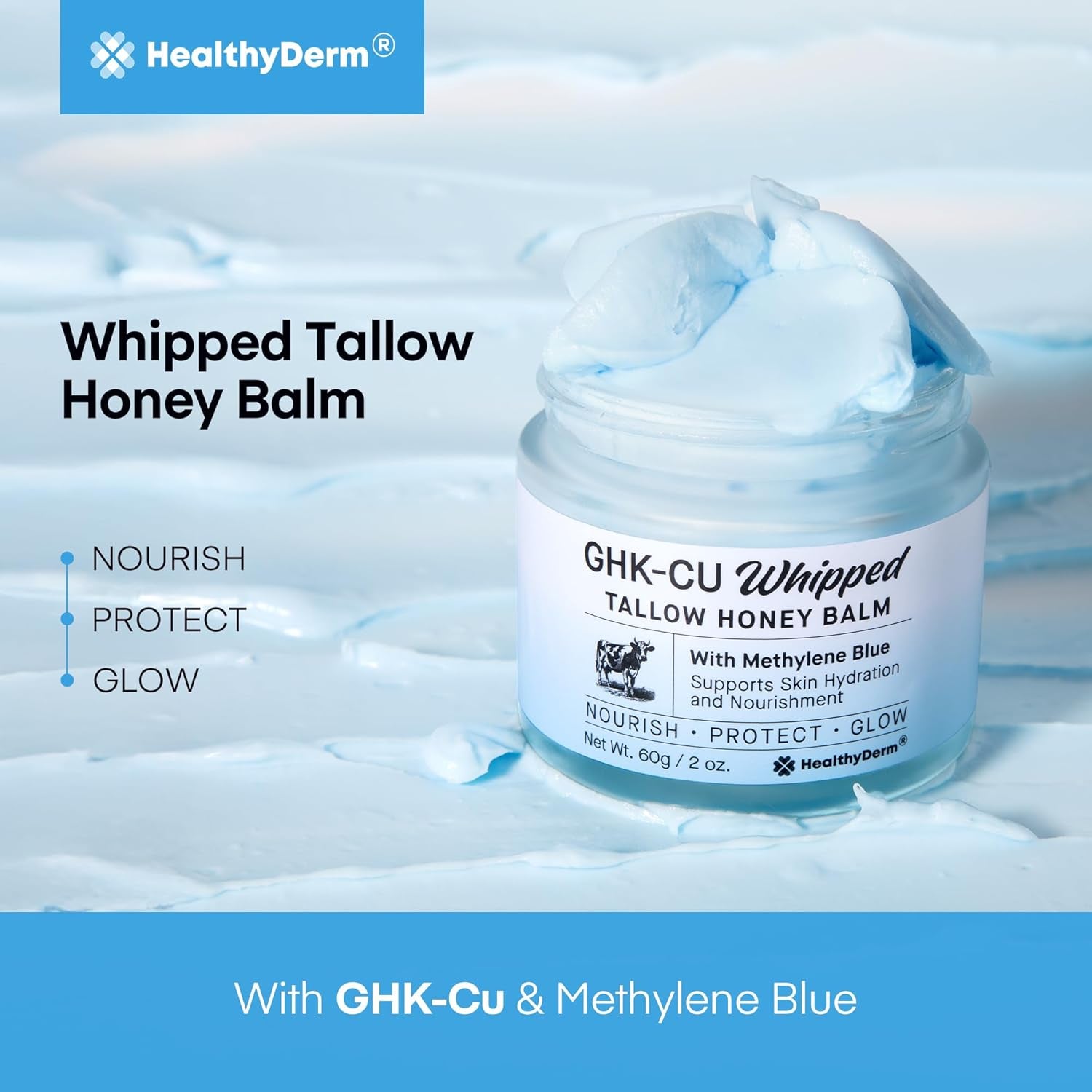HealthyDerm GHK-CU Whipped Tallow Honey Balm with Methylene Blue – 60g | Repair Skin, Boost Collagen & Antioxidant Protection