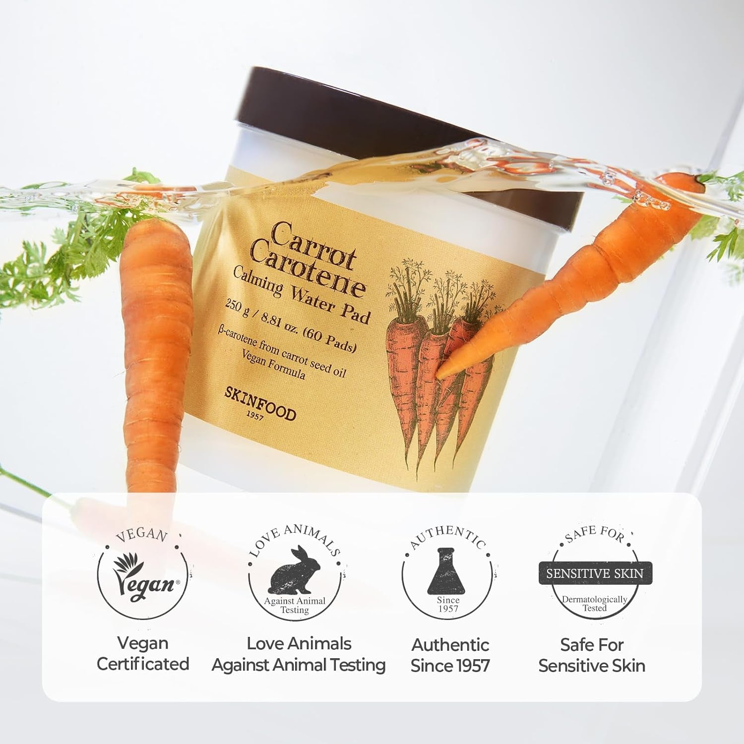 SKINFOOD Carrot Carotene Calming Water Pad – 250g, 60 Pads | Vegan Korean Toner Pads for Sensitive Skin
