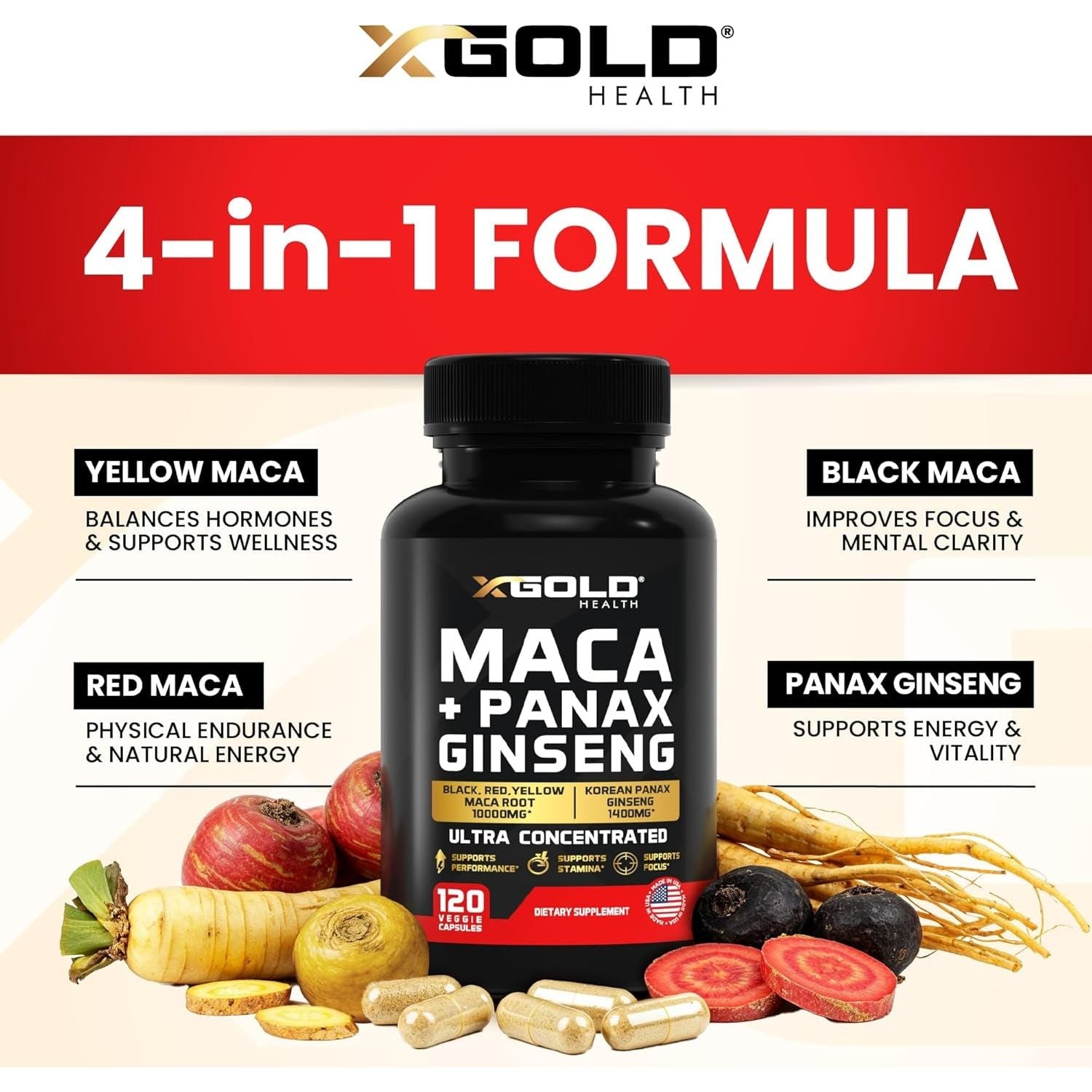 X Gold Health Maca + Panax Ginseng – 120 Capsules | Energy, Focus & Stamina Boost
