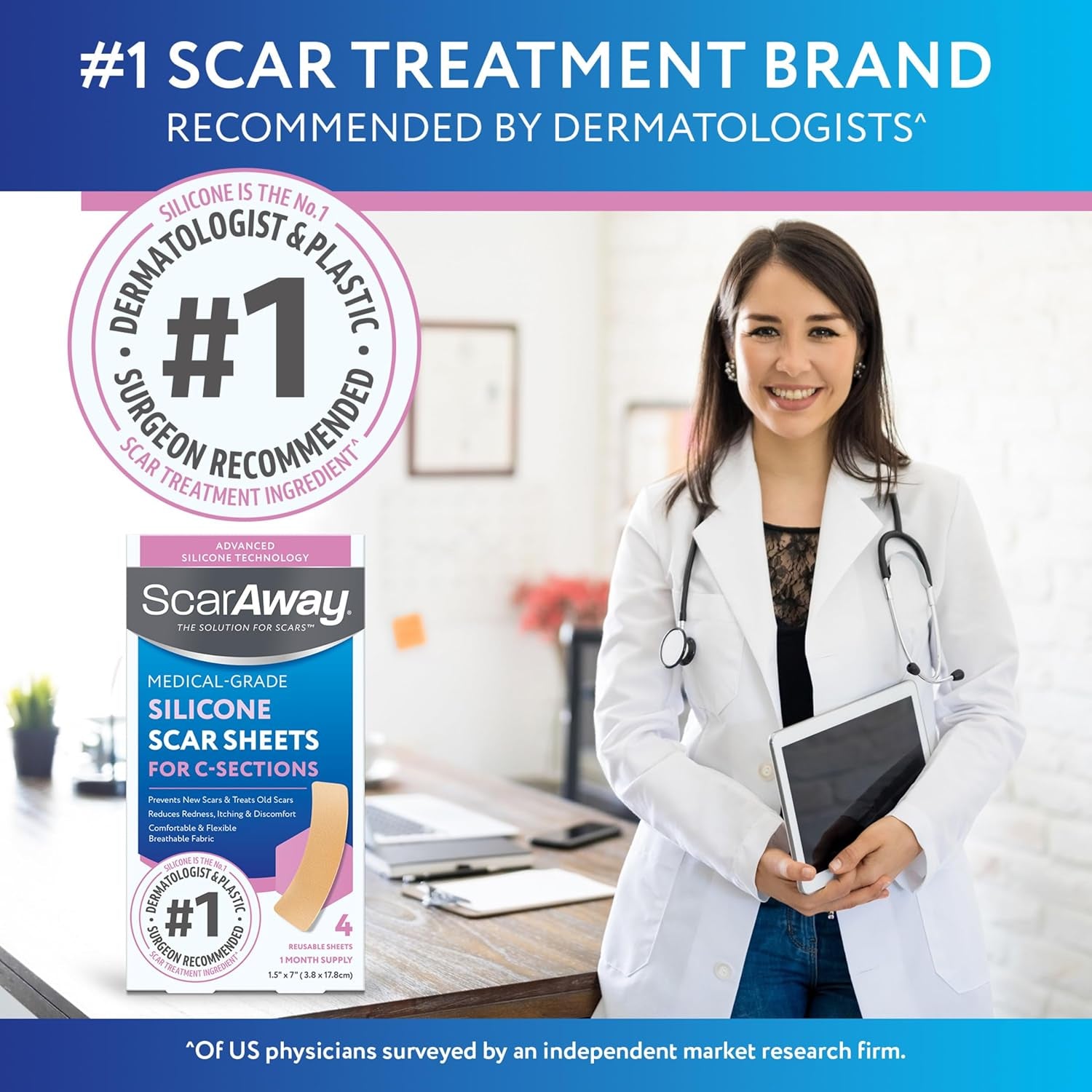 Advanced Silicone Scar Sheets for C-Section, Reusable Strips (1.5” X 7”) for Hypertrophic and Keloid Scars from C-Section & Other Surgeries, 4 Sheets