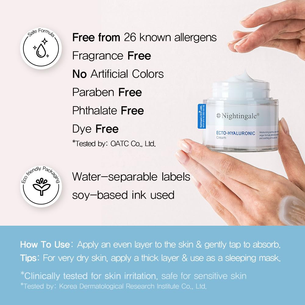 Ecto-Hyaluronic Cream with 8 Layer Hyaluronic Acid, Ectoin, Daily Face Moisturizer for Dry Skin, Fragrance Free, Hypoallergenic, Allergen Free, Cruelty Free, Vegan, Korean Skin Care