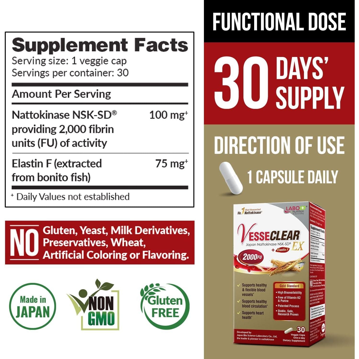 LABO Nutrition VesseClear EX – 30 Capsules | Japan Nattokinase NSK-SD + Elastin F for Healthy Blood Flow & Arteries