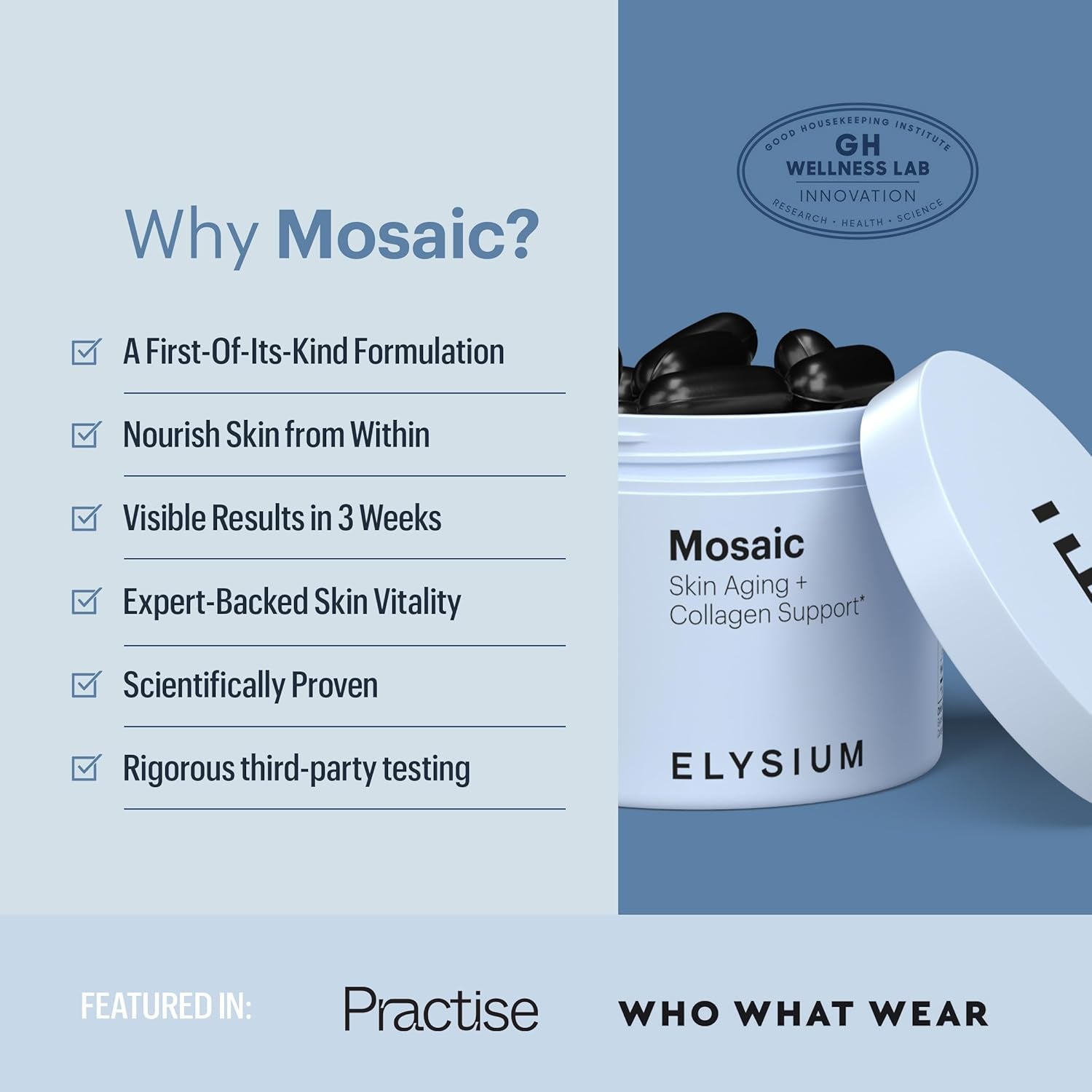 Mosaic - Hyaluronic Acid Supplement - Clinically Proven - Fights Fine Lines & Skin Aging - Collagen Supplement - 30-Day Supply (Vegan Softgels)