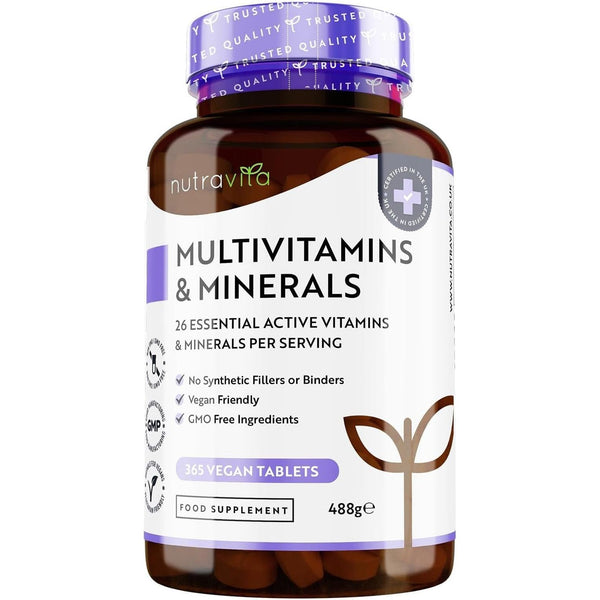 Multivitamins & Minerals - 365 Vegan Multivitamin Tablets - 1 Year Supply - Multivitamin Tablets for Men and Women with 26 Essential Active Vitamins & Minerals - Made in the UK by