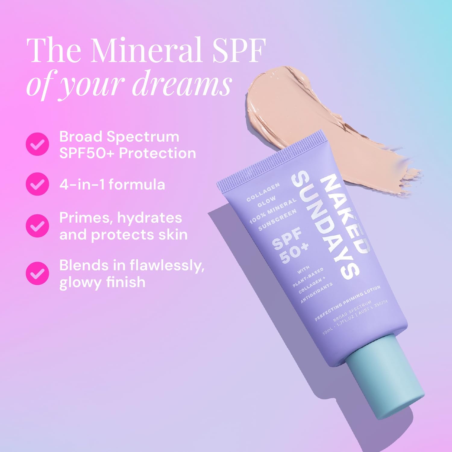 Naked Sundays Collagen Glow 100% Mineral Sunscreen SPF 50+ – 50ml | Primer & SPF in One for a Radiant, Protected Glow