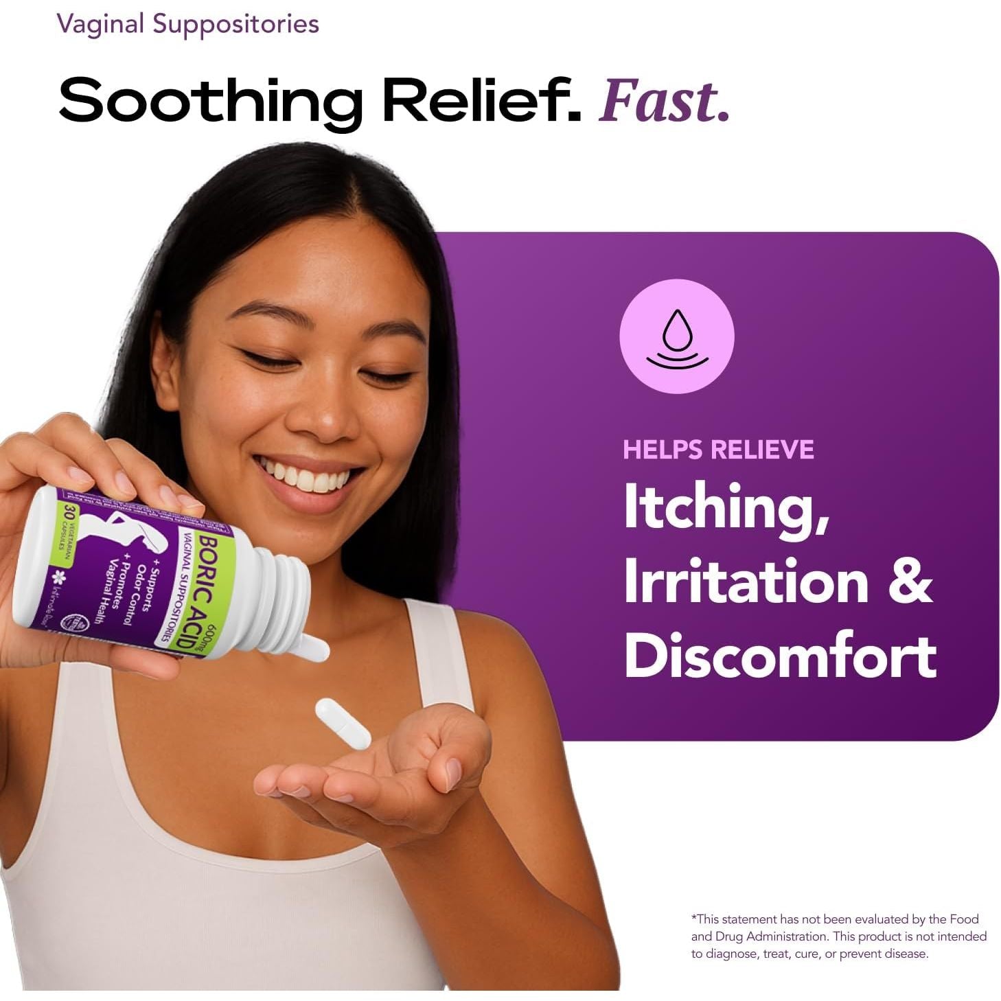 Intimate Rose 30Ct Boric Acid Suppositories for Women - 600Mg Vaginal Ph Balance Pills for Odor Relief, BV Support - Made in USA