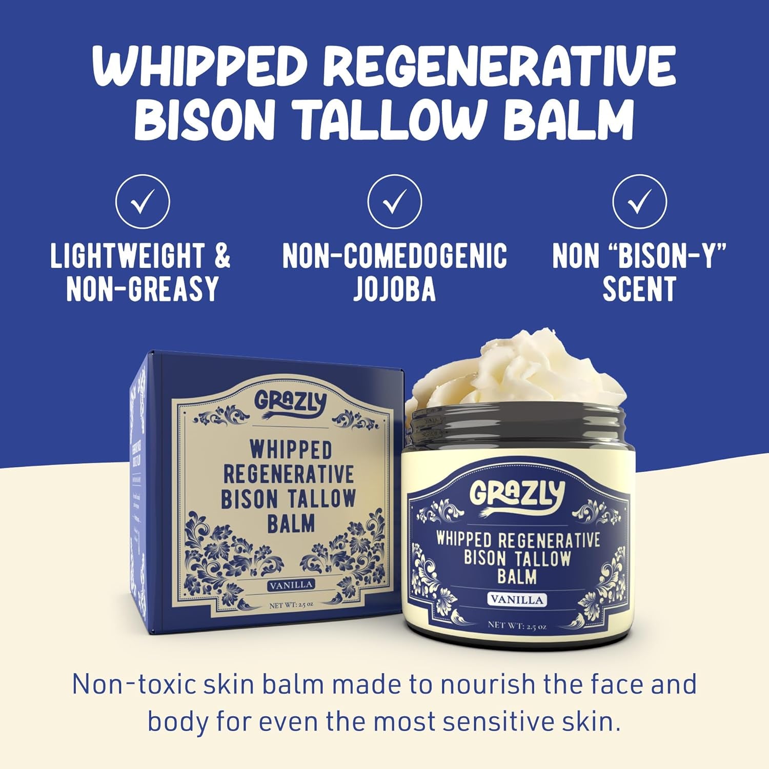 Grazly Whipped Regenerative Bison Tallow Balm (Vanilla) – 71g | Deep Hydration & Skin Renewal