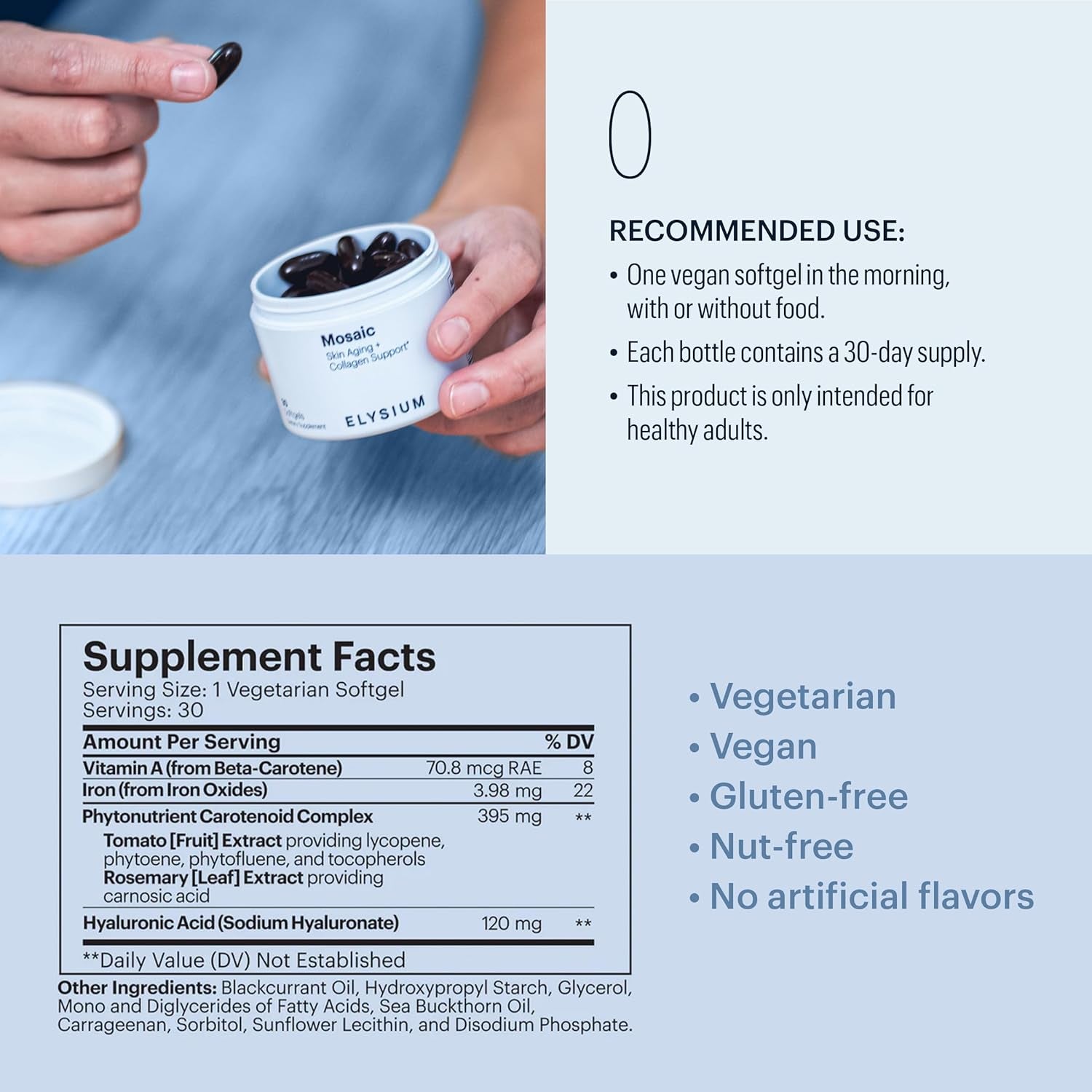 Mosaic - Hyaluronic Acid Supplement - Clinically Proven - Fights Fine Lines & Skin Aging - Collagen Supplement - 30-Day Supply (Vegan Softgels)
