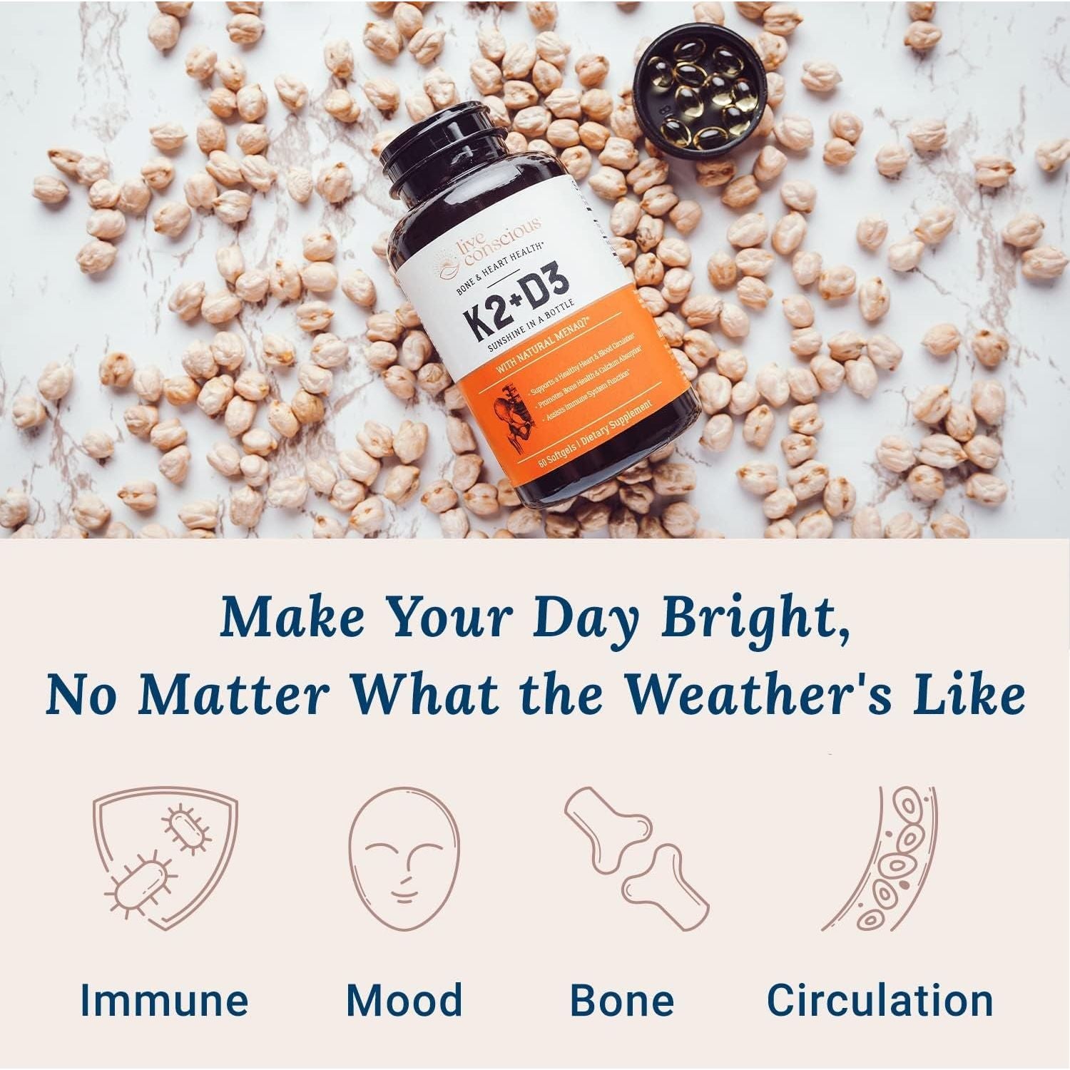 Live Conscious K2 + D3 Supplement – 60 Softgels | Bone Strength, Heart Health & Immune Support