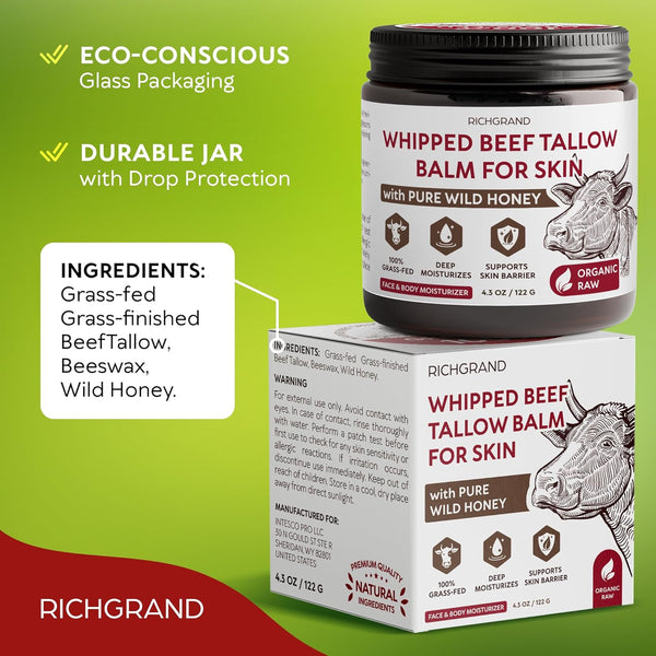 RICHGRAND Whipped Beef Tallow Balm for Skin With Pure Wild Honey - 122g