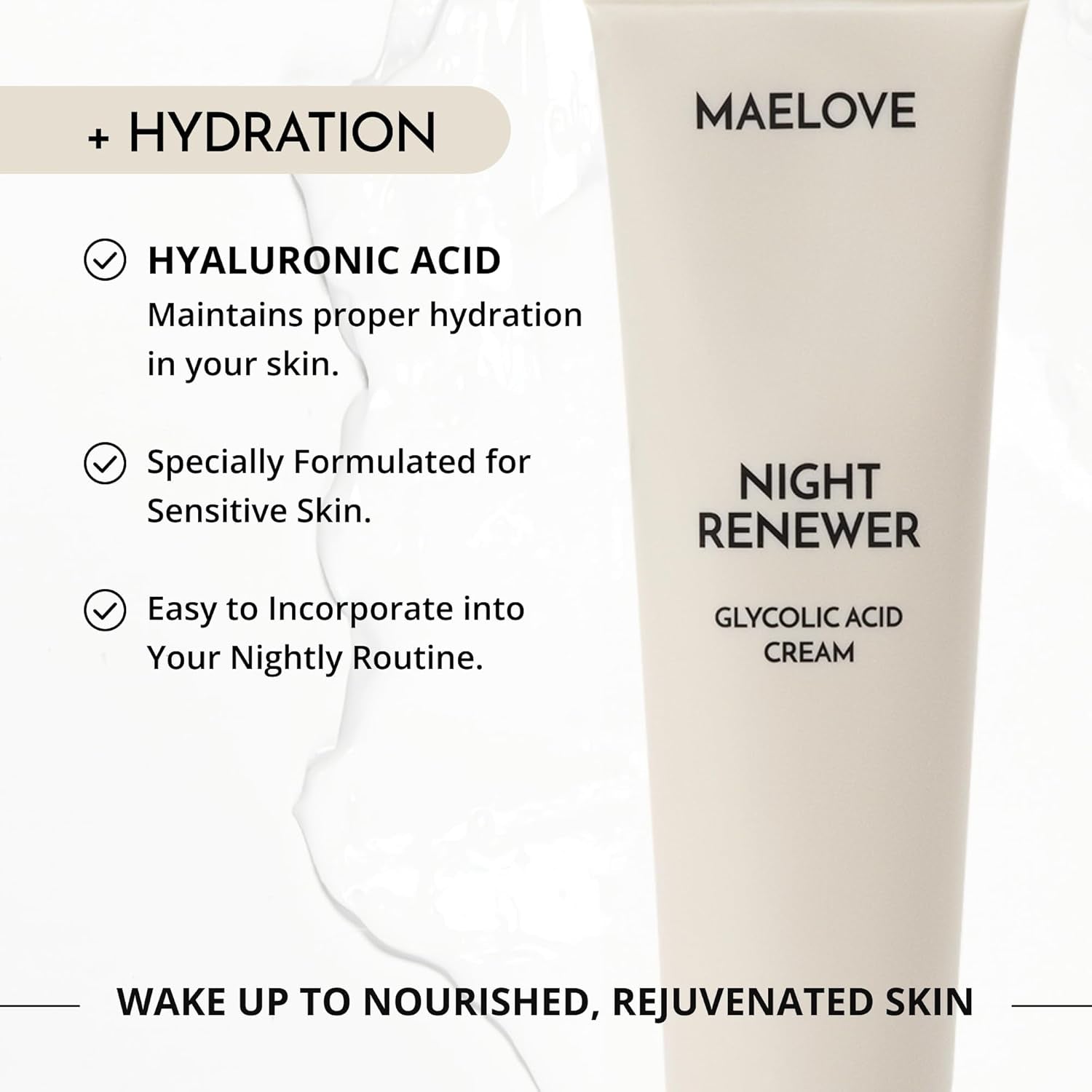 MAELOVE Night Renewer Glycolic Acid Cream – 57g | 10% AHA Night Moisturiser for Sensitive Skin