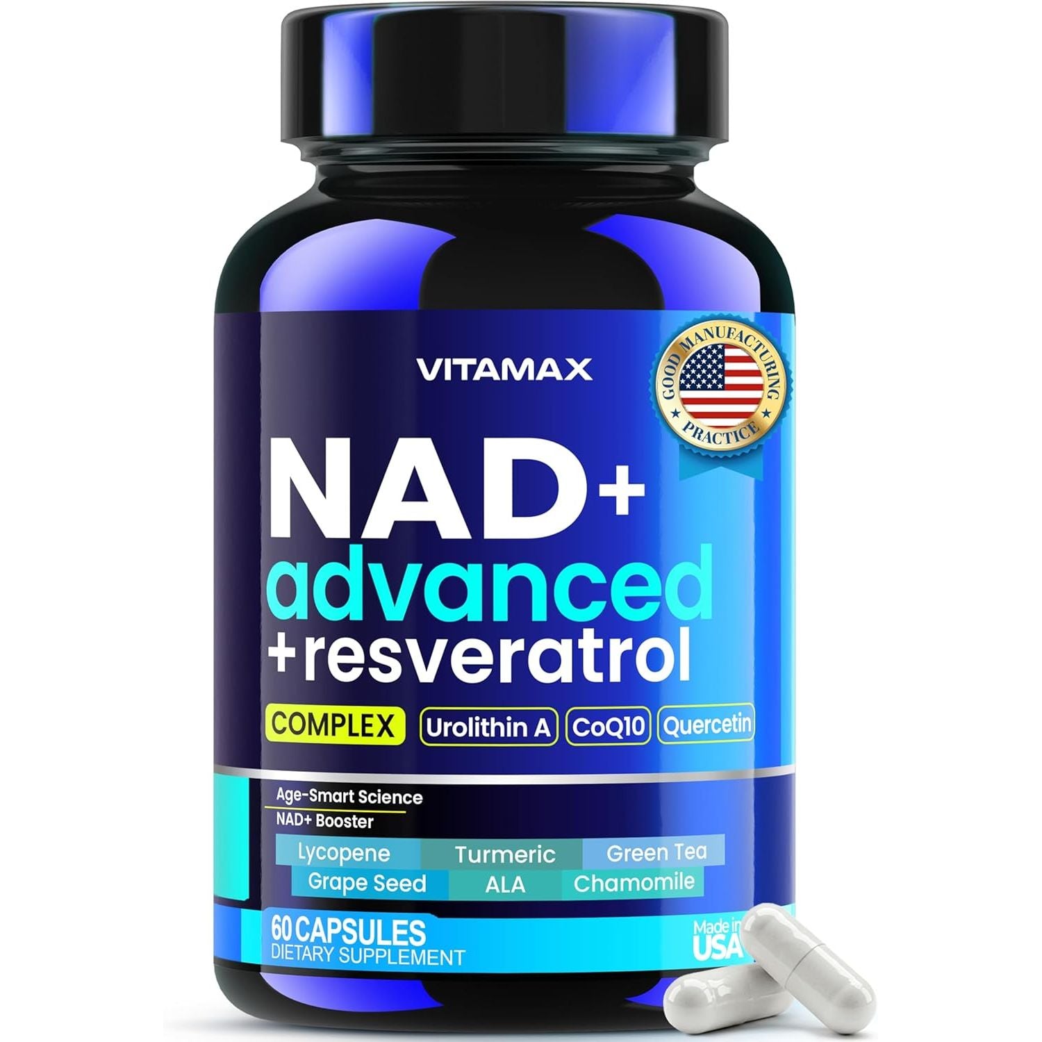 Liposomal NAD+ Supplement Extra Strength | Urolithin A, Resveratrol, Coq10 - Women & Men - ALA, Green Tea, Quercetin, Lycopene | High Purity, Energy & Regeneration - Made in USA – 60Ct