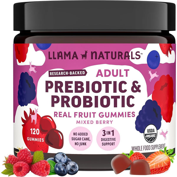 Probiotics for Women and Men with Prebiotic Fiber, Vegan, Organic, Probiotic Gummies for Gut Health Support, Adults Real Fruit Gummy Vitamins, No Added Sugar Cane, Mixed Berry, 120 Ct