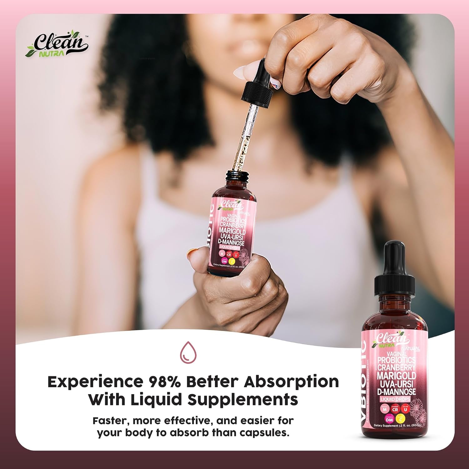 Clean Nutraceuticals Vaginal Probiotic Drops – 60ml | D-Mannose, Cranberry, Uva Ursi & Black Cohosh for Urinary, Vaginal & Hormonal Health