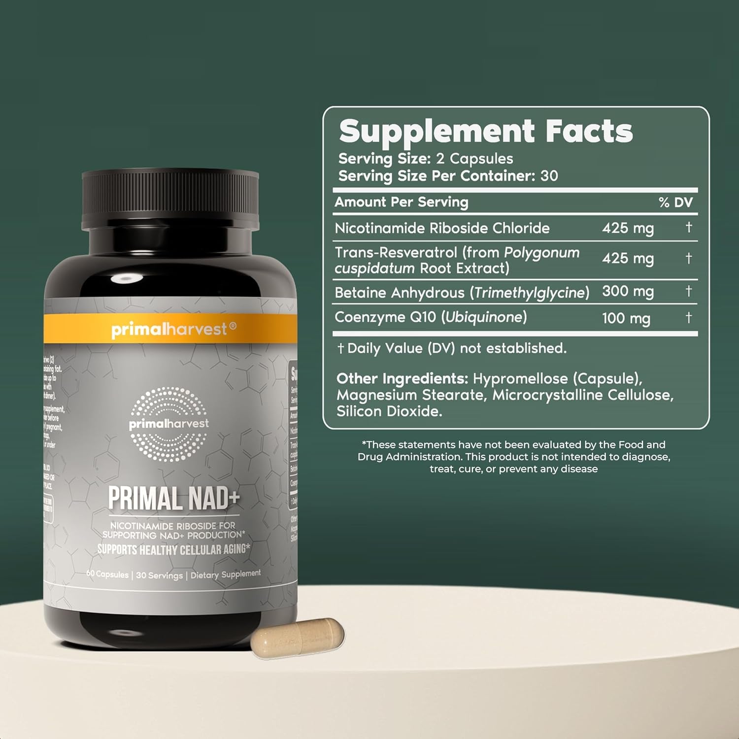 NAD+ Supplement: Nicotinamide Riboside, Trans-Resveratrol, Betaine, Coq10, NAD Supplements for Cellular Health, Energy, and Mitochondrial Support (60 Count (1 Pack)