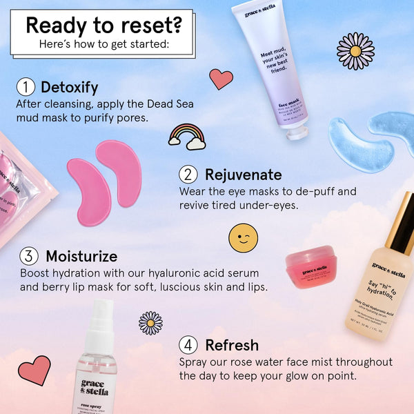 grace & stella Weekend Reset Edit – 5-Piece Gift Set | Award-Winning Vegan Skincare for Hydration & Glow