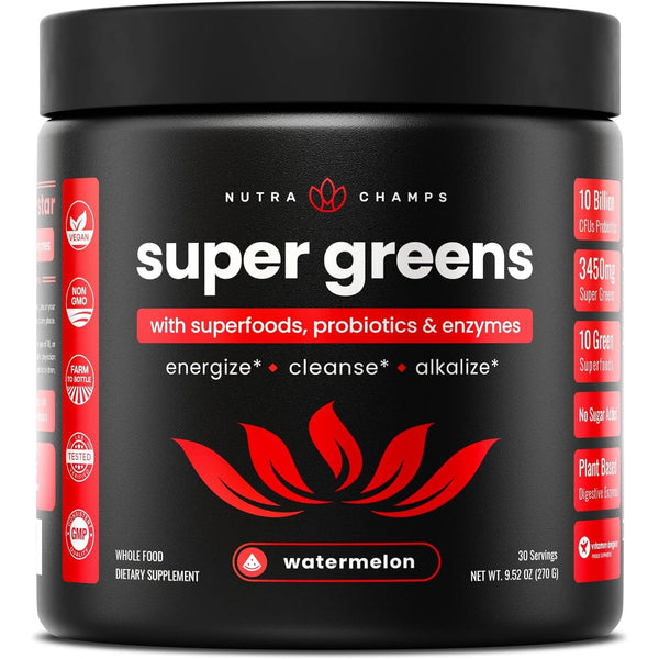 NutraChamps Super Greens Powder | Watermelon – 270g, 30 Servings | Daily Superfood Blend with Probiotics & Enzymes