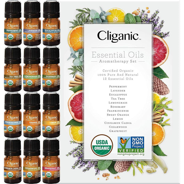 Cliganic Organic Essential Oils Aromatherapy Set – 12x10ml | Certified Organic, 100% Pure & Therapeutic-Grade Oils for Diffuser, Home & Wellness