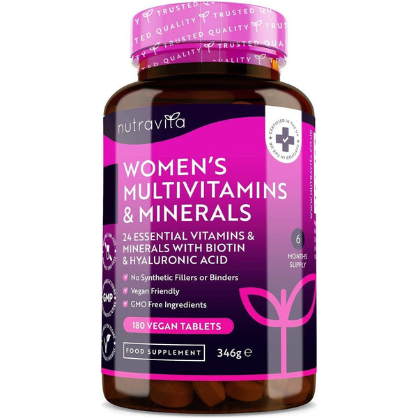 Women'S Multivitamins and Minerals - 24 Essential Active Vitamins and Minerals with Added Hyaluronic Acid - 180 Vegan Tablets - No Synthetic Fillers or Binders - Made in the UK by