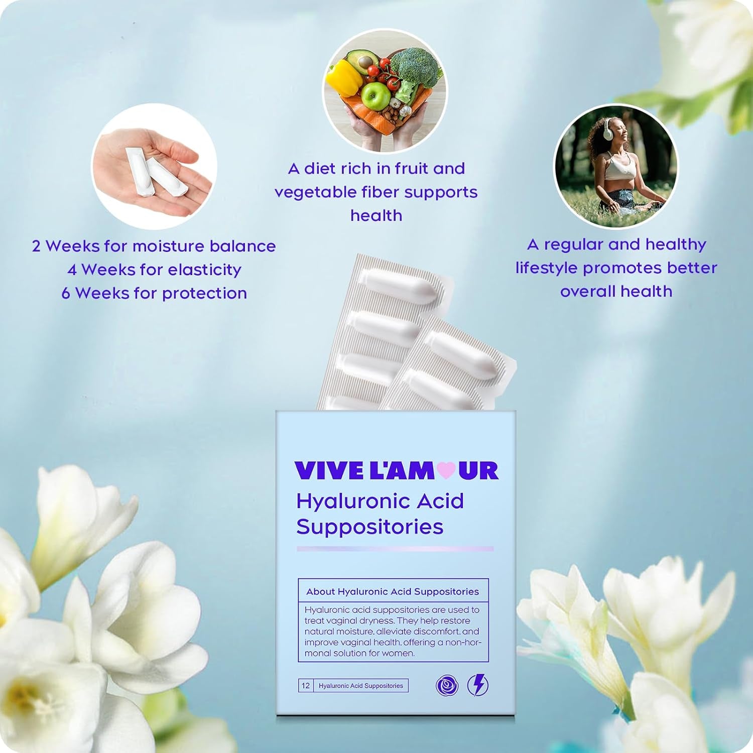 Vive L'Amour 1.5% Hyaluronic Acid Vaginal Suppositories, Vaginal Moisturizer, Continuous Hydration, Relieves Dryness, Restores Natural Softness & Elasticity, Enhances Vaginal Health (12 Inserts)