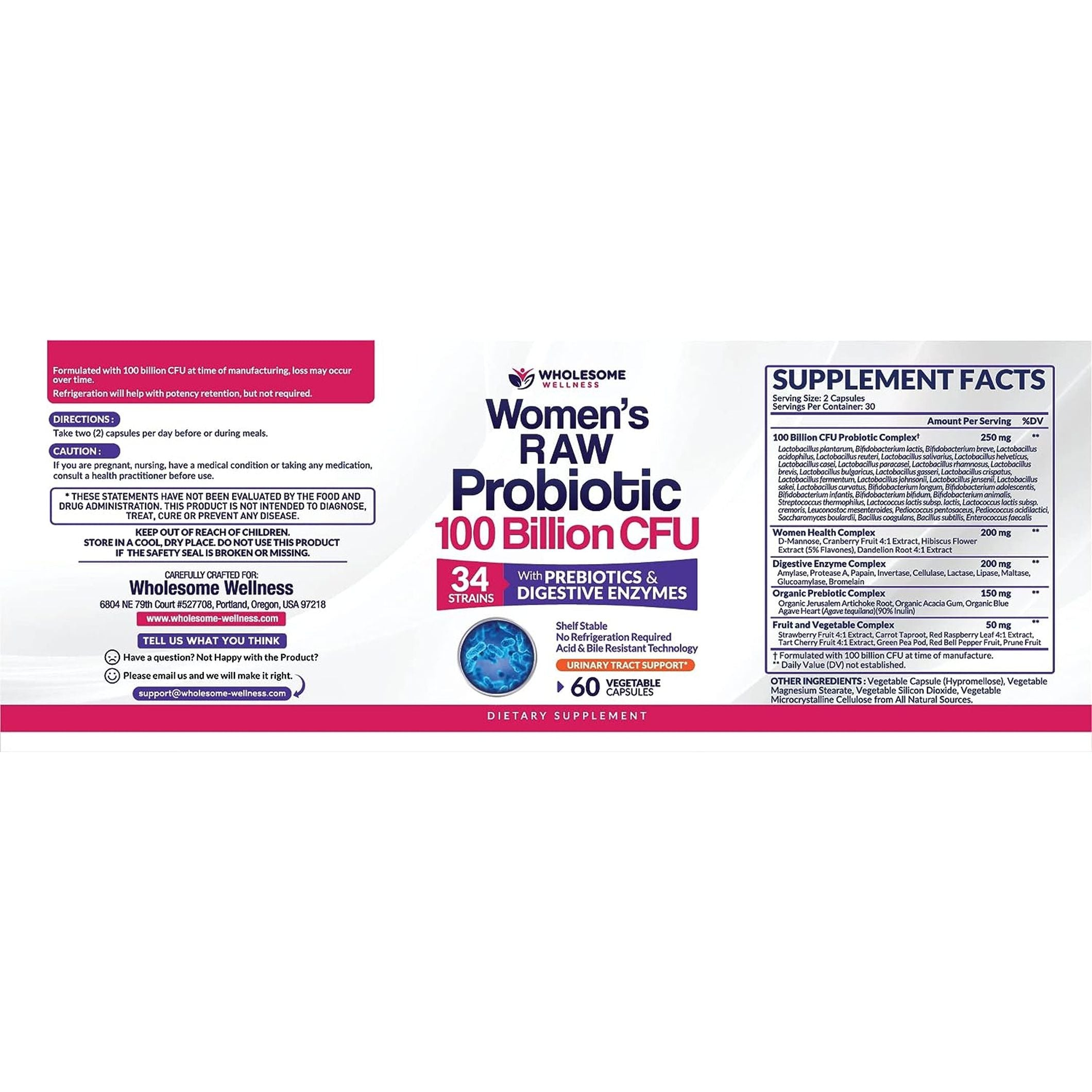 Wholesome Wellness Women's Raw Probiotic – 60 Capsules | 100 Billion CFU for Gut, Immune & Feminine Health