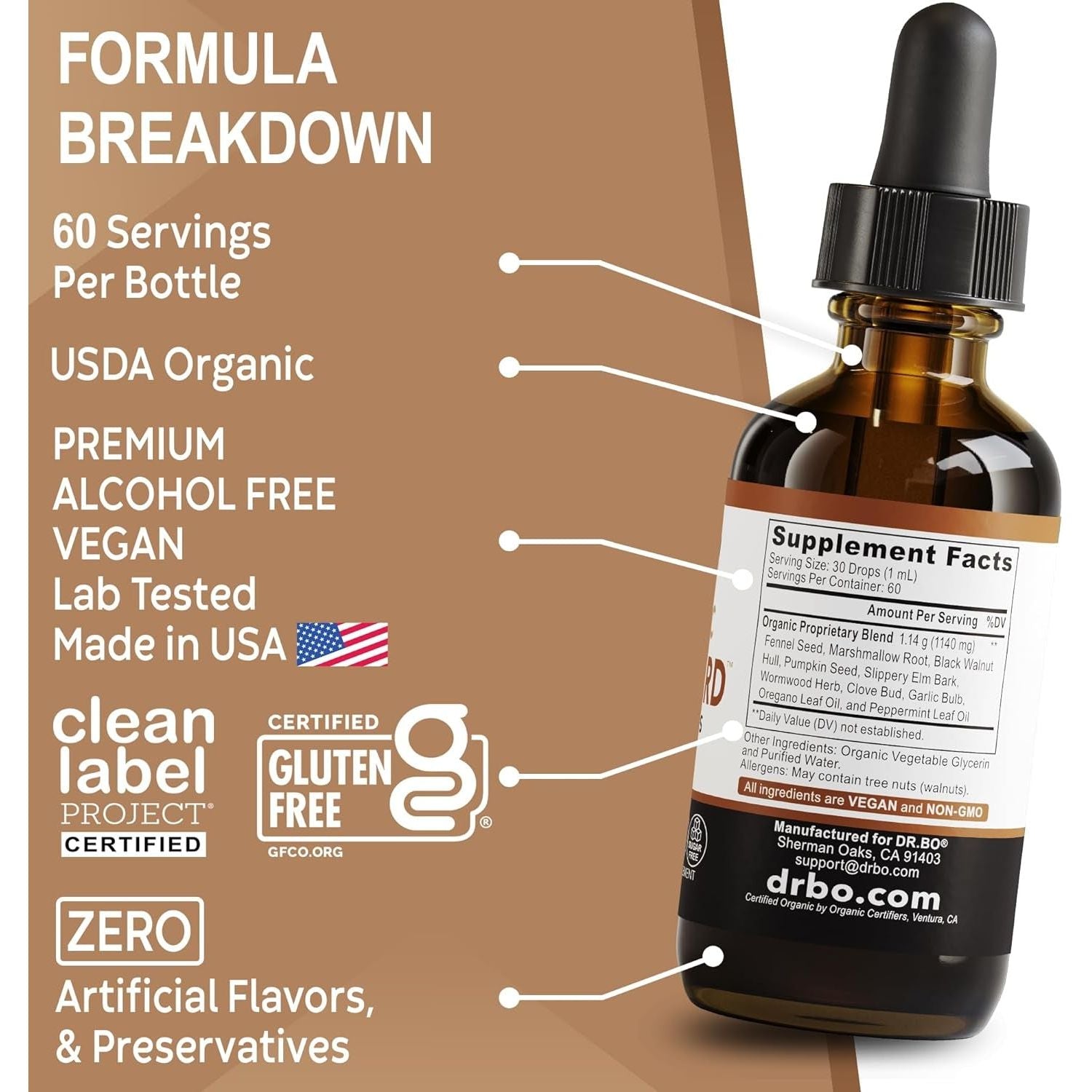 DR. BO Organic ParaGuard Liquid Drops – 60ml | Extra-Strength Herbal Gut Cleanse & Digestive Detox  Cleanse Naturally. Support Gut Harmony.