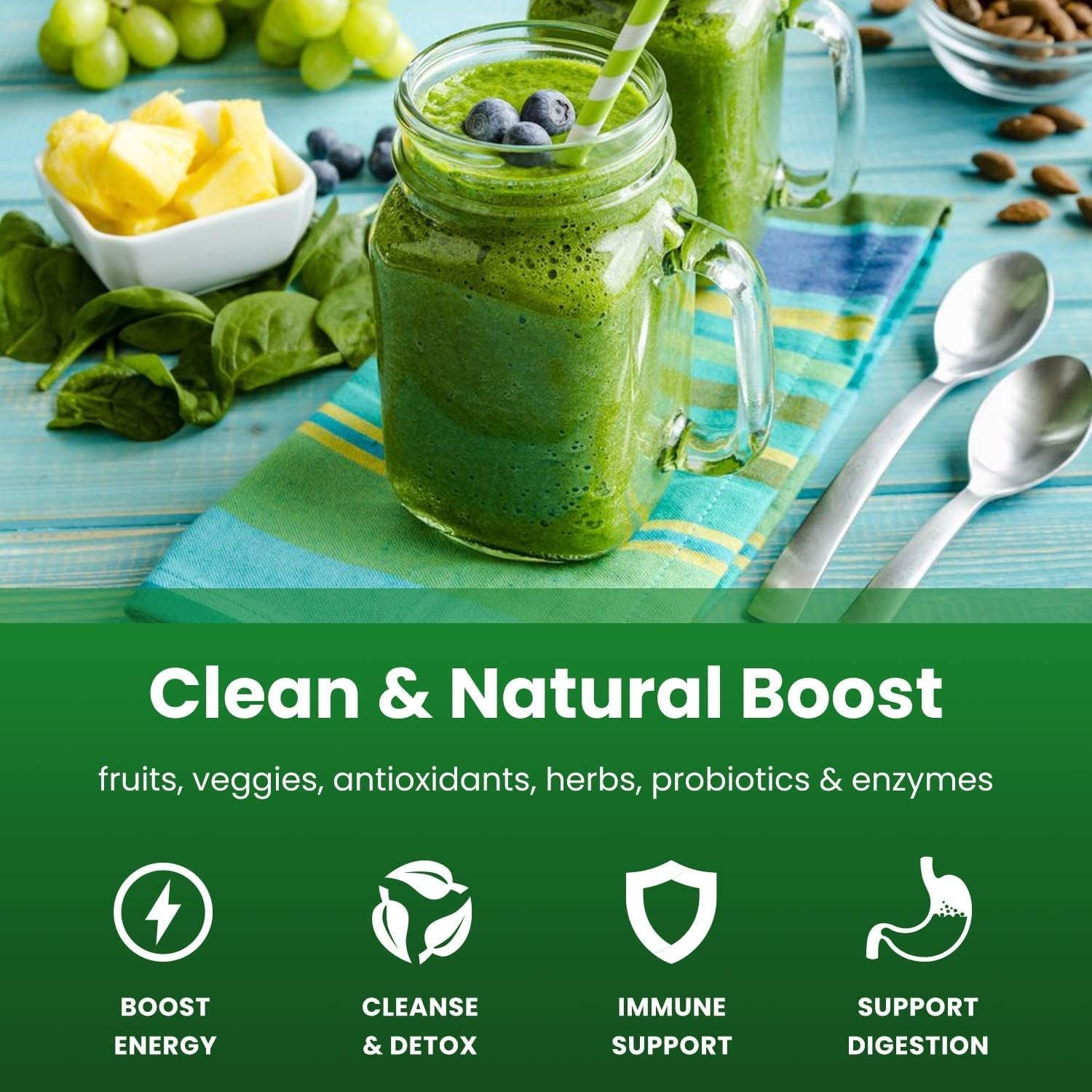 NutraChamps Super Greens Powder | Natural Berry Flavor – 258g, 30 Servings | 40+ Nutrients & Probiotics