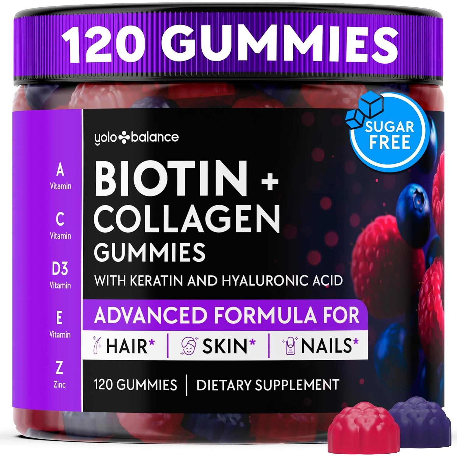 Biotin Gummies 10000Mcg for Hair Growth Support - Sugar Free Multi Collagen with Keratin, Silica & Hyaluronic Acid - Pectin Based, Soft Chew Hair Skin and Nails Vitamins - 120 Count