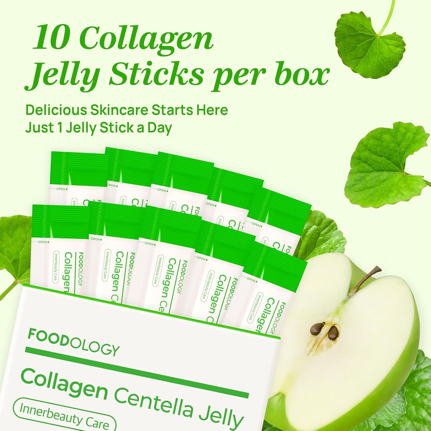 Collagen Centella Jelly – Collagen Peptide with PDRN & Centella Asiatica – Biotin, Vitamin a & E for Skin Glow, Hair & Nails – Korean Beauty Supplement (10 Counts, Green Apple)