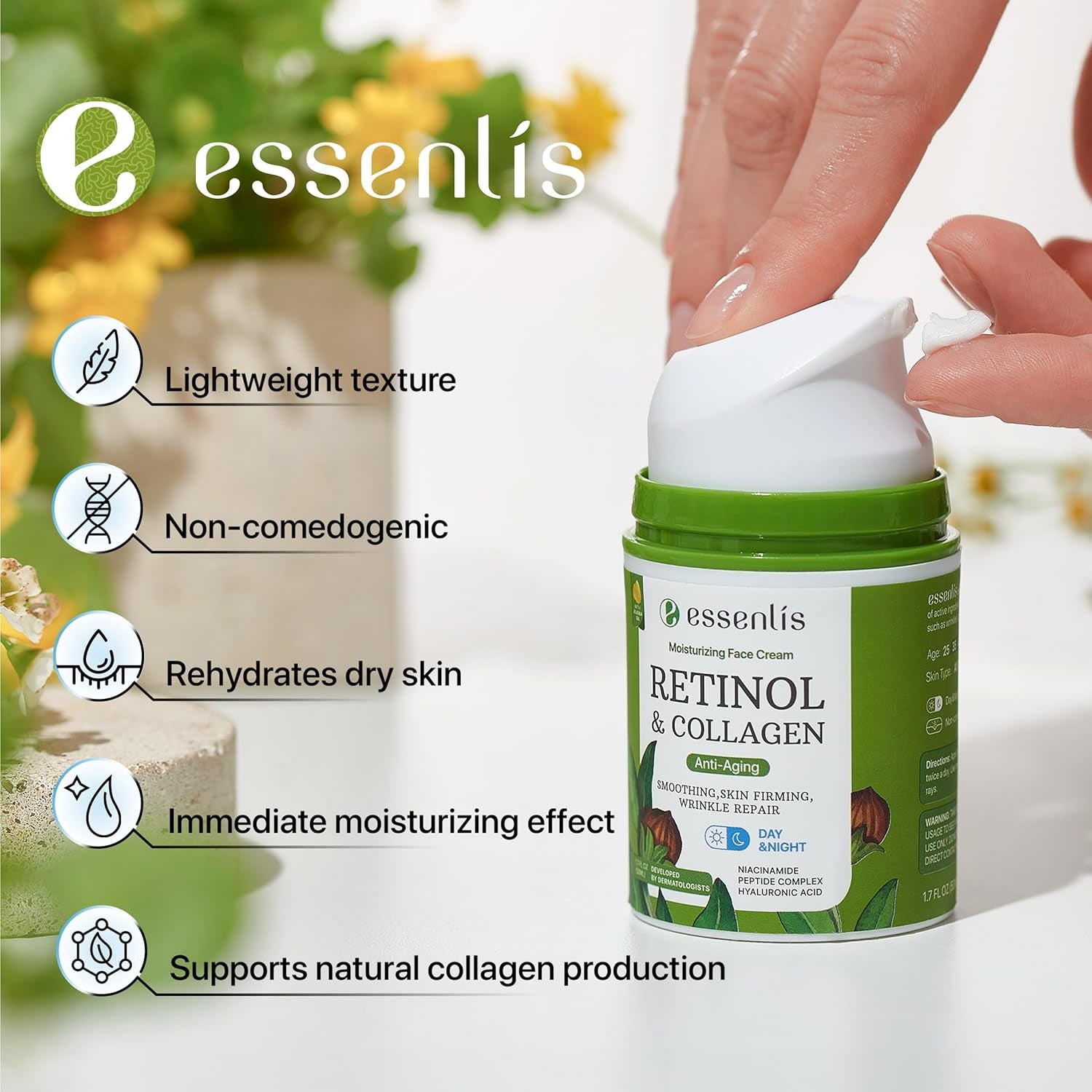 ESSENLIS Retinol & Collagen Anti-Aging Moisturizing Face Cream – 50ml | Firming, Wrinkle Repair & Deep Hydration