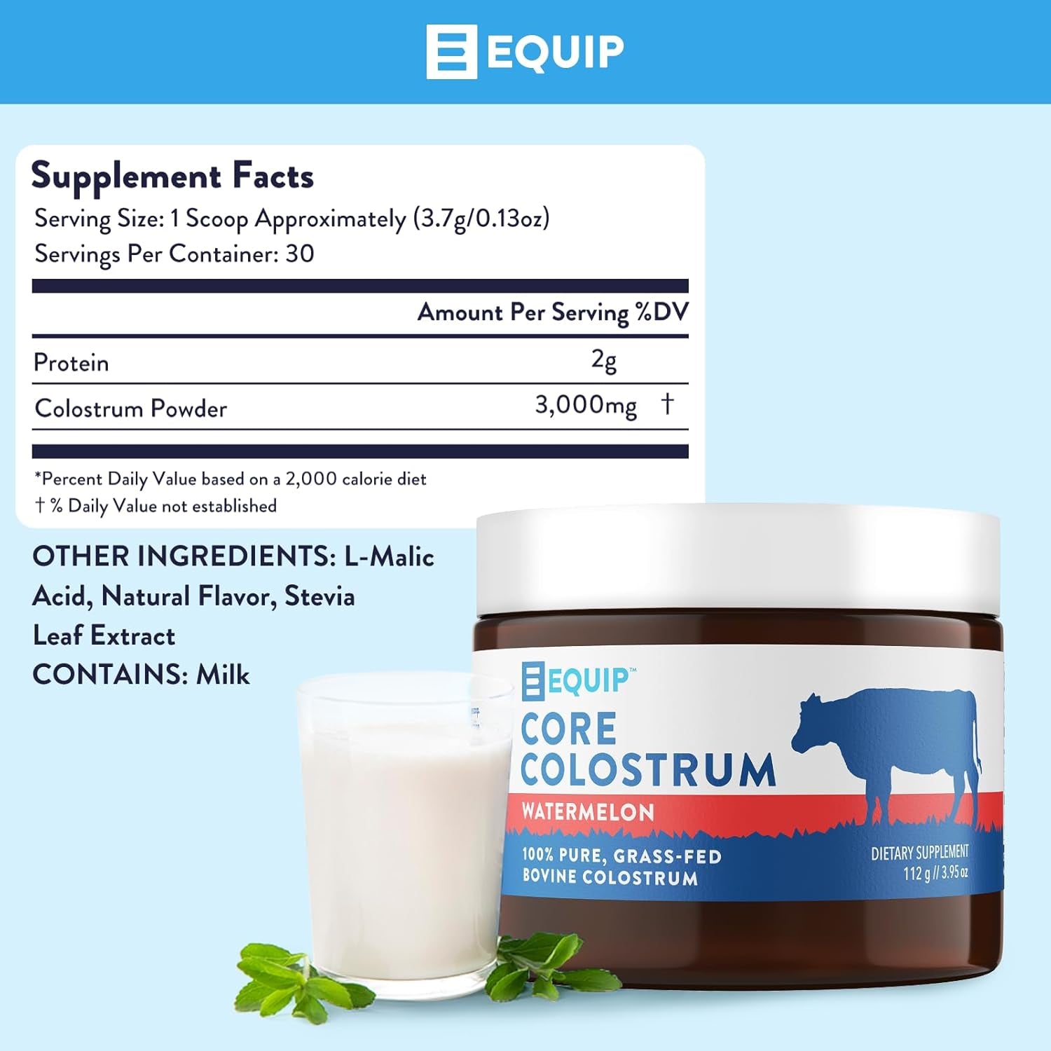 Equip Core Colostrum Powder | Watermelon – 112g | Grass-Fed Bovine Colostrum for Immunity, Gut Health & Skin Support