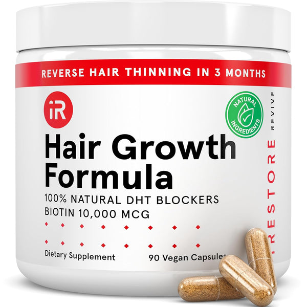 iRestore Hair Growth Formula – 90 Capsules | 10,000mcg Biotin & DHT Blockers for Thicker, Fuller Hair