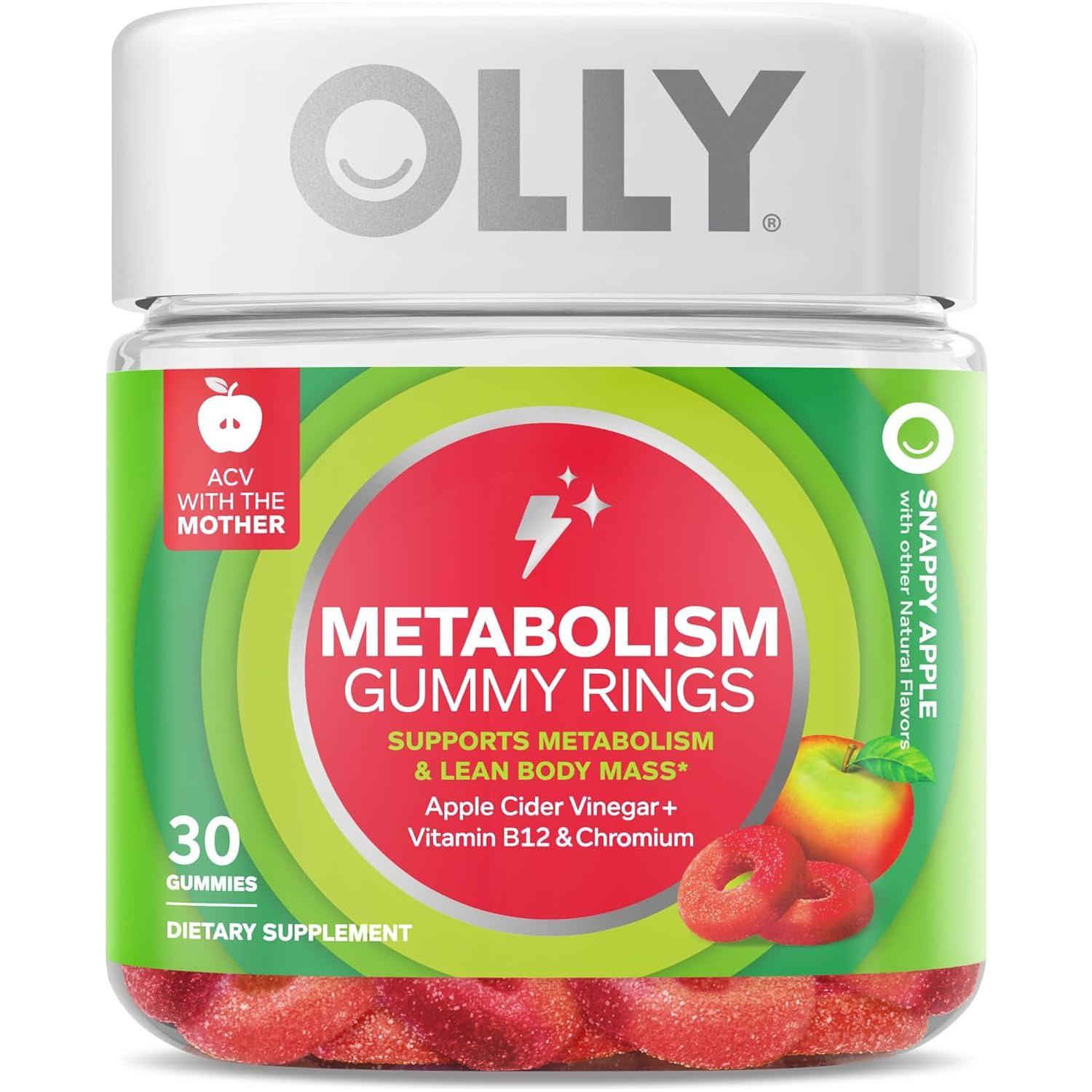Metabolism Gummy Rings, Apple Cider Vinegar, Vitamin B12, Chromium, Energy and Digestive Health, Chewable Supplement, Apple Flavor - 30 Count