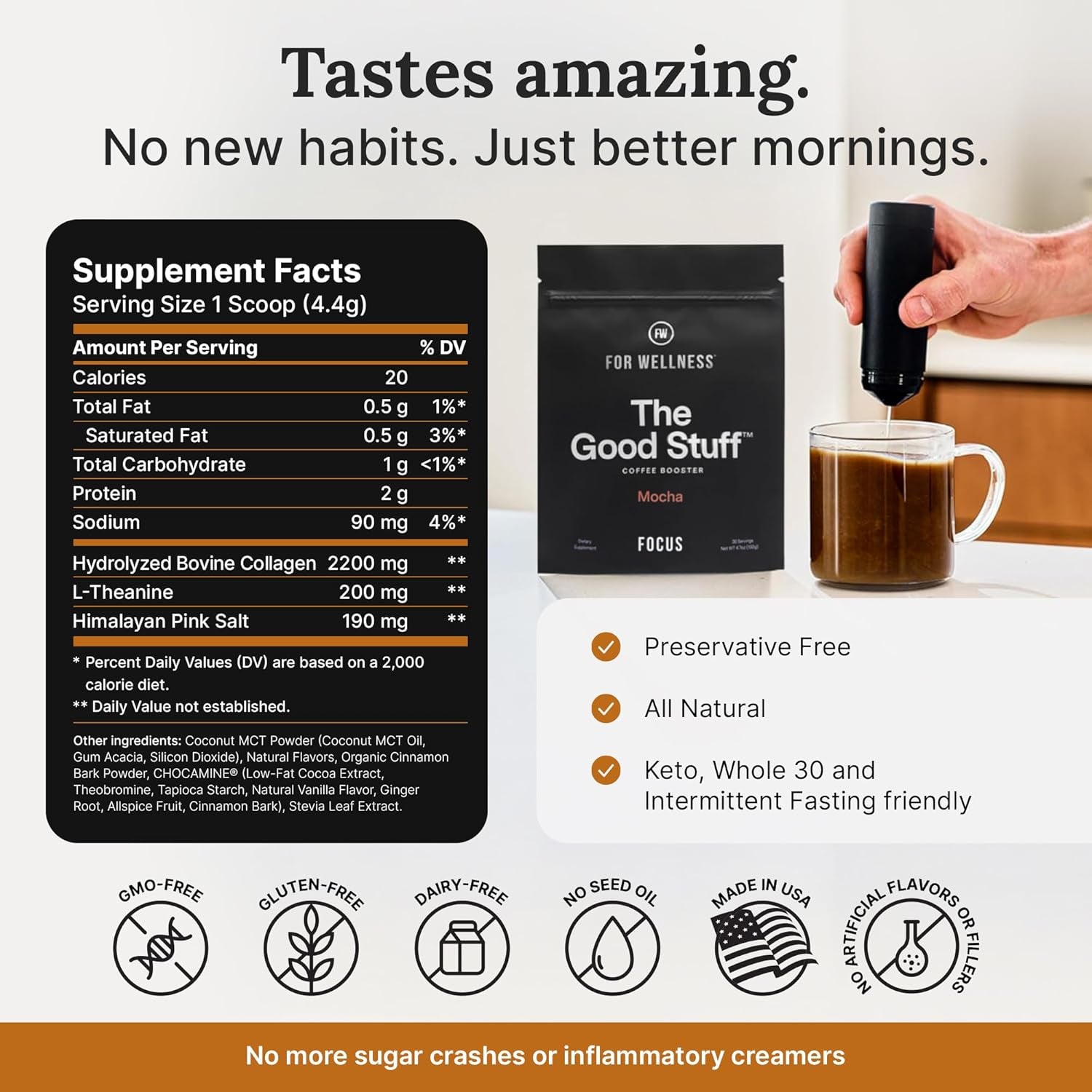 the Good Stuff Focus – Mocha Coffee Booster | Nootropic Collagen Creamer with Mcts for Focus, Energy & Wellness | Non-Dairy, Keto-Friendly, 30 Servings