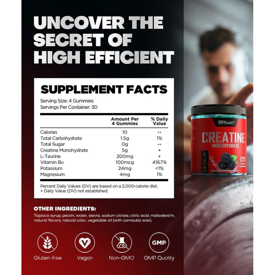 Dralot Creatine Monohydrate Gummies – 120 Veggie Gummies | Ultra-Pure Muscle Growth & Endurance Support