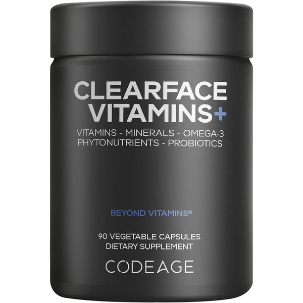 Codeage Clearface Vitamins+ (Black) – 90 Capsules | Hormonal Acne, Gut & Skin Support with Probiotics, Omega-3 & Skin Nutrients