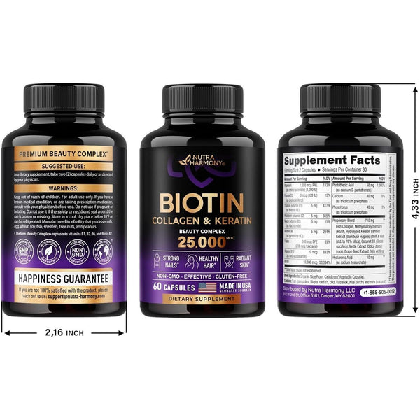 Biotin | Collagen | Keratin | Hyaluronic Acid - Hair Growth Support Supplement | Skin & Nails Beauty Complex 25000 Mcg - B1 | B2 | B3 | B6 | B7 - Made in USA - for Women & Men | 60 Capsules