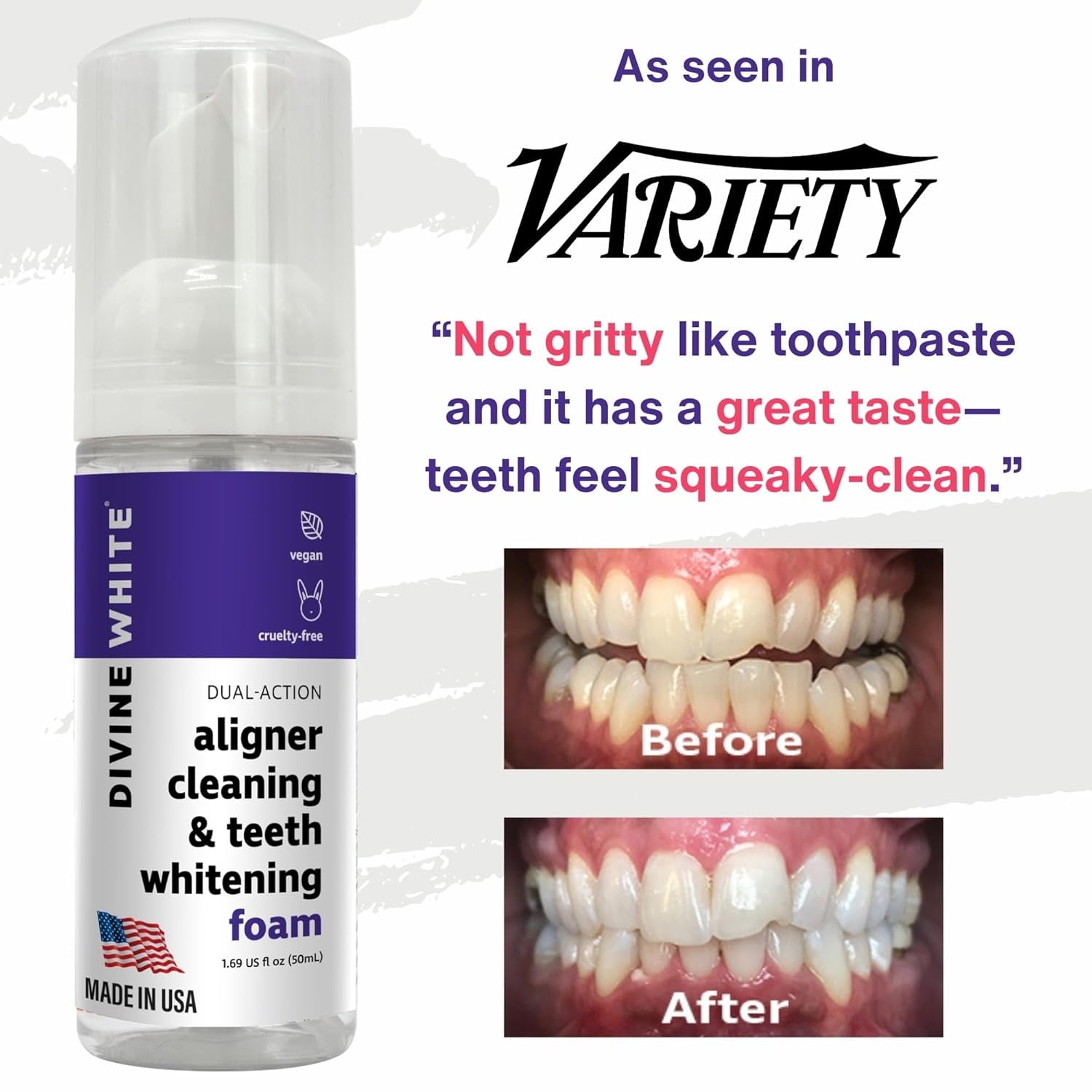 DIVINE WHITE Dual-Action Aligner Cleaning & Teeth Whitening Foam – 50ml | 2-in-1 Clear Aligner Cleaner & Instant Whitening