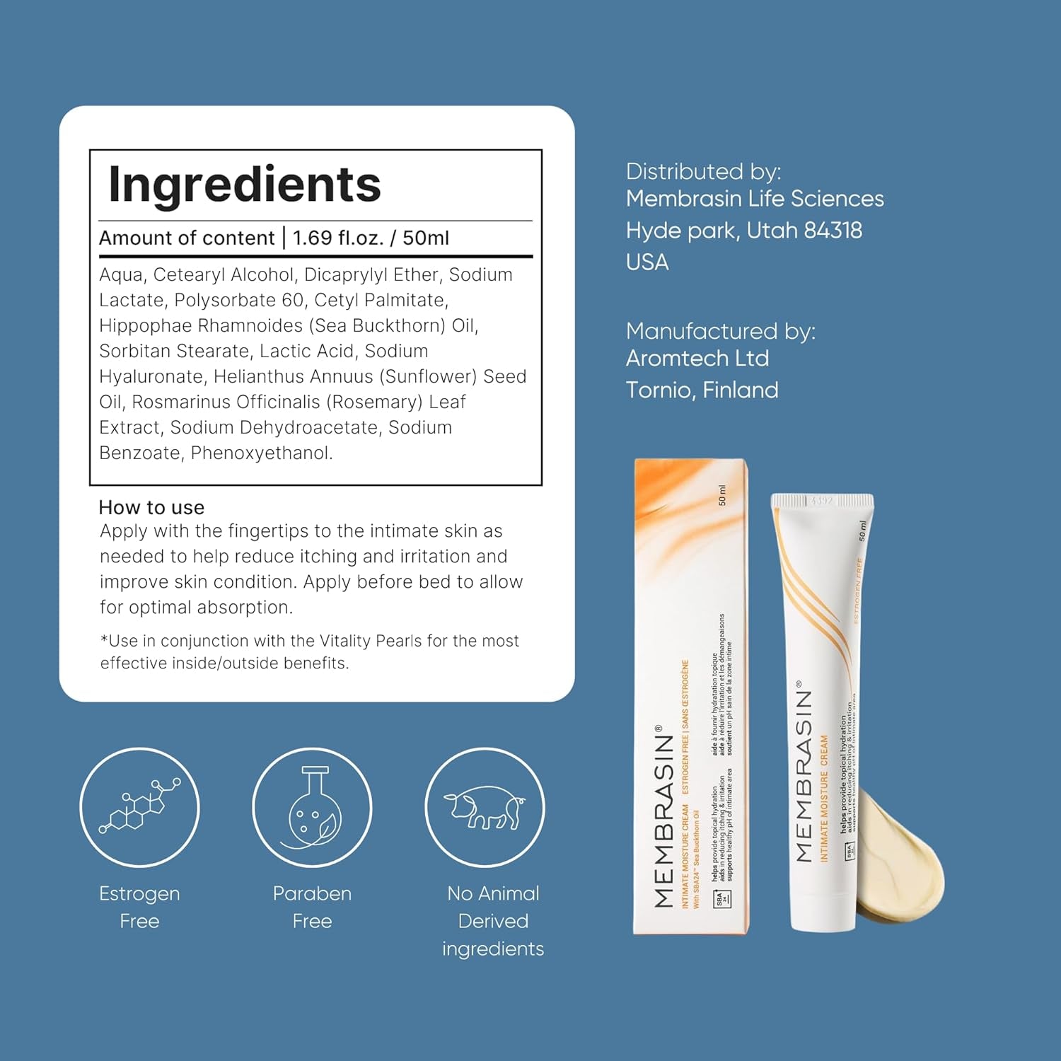 Vaginal Moisture Cream with Hyaluronic Acid, Relieves Vaginal Dryness, Itching and Burning, Menopause Support, Hormone Free, Plant Based Formula with Omega 3 6 7 9 and Vitamin E, 50 Ml