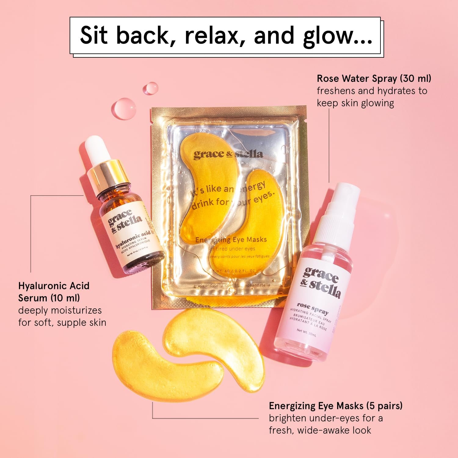 grace & stella Dew-Tox & Chill Kit | Hydrating Skincare Gift Set with Eye Masks, Hyaluronic Acid & Rosewater Spray