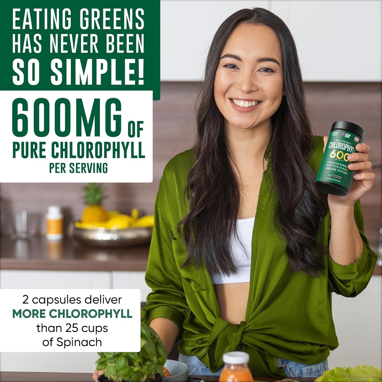 Chlorophyll Capsules 600 Mg - Natural Chlorophyll Pills for Women & Men - Highly Bioavailable Chlorophyll Supplement for Energy, Immunity, Skin + Internal Deodorant