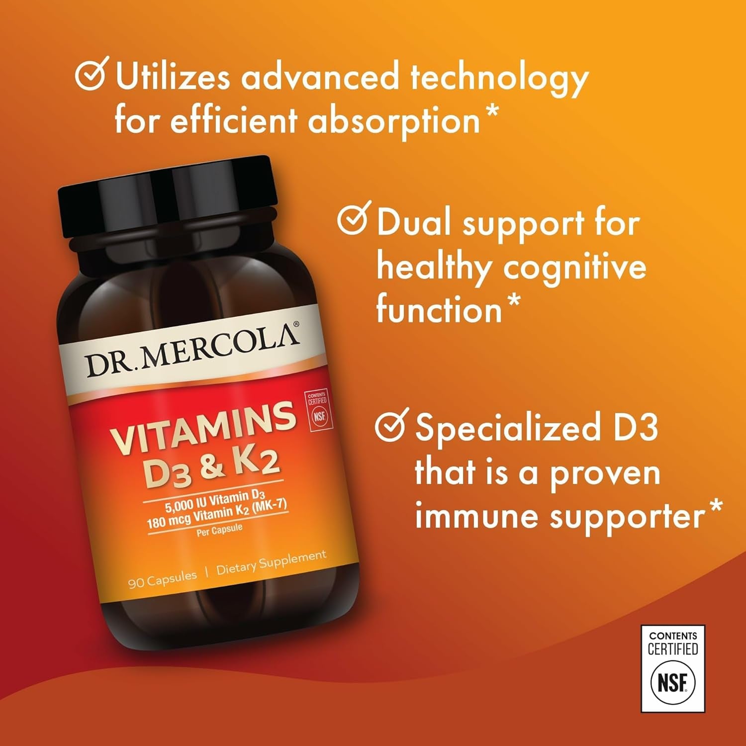 Dr. Mercola Vitamins D3 & K2 Dietary Supplement – 90 Capsules | High-Potency Immune & Bone Health Support