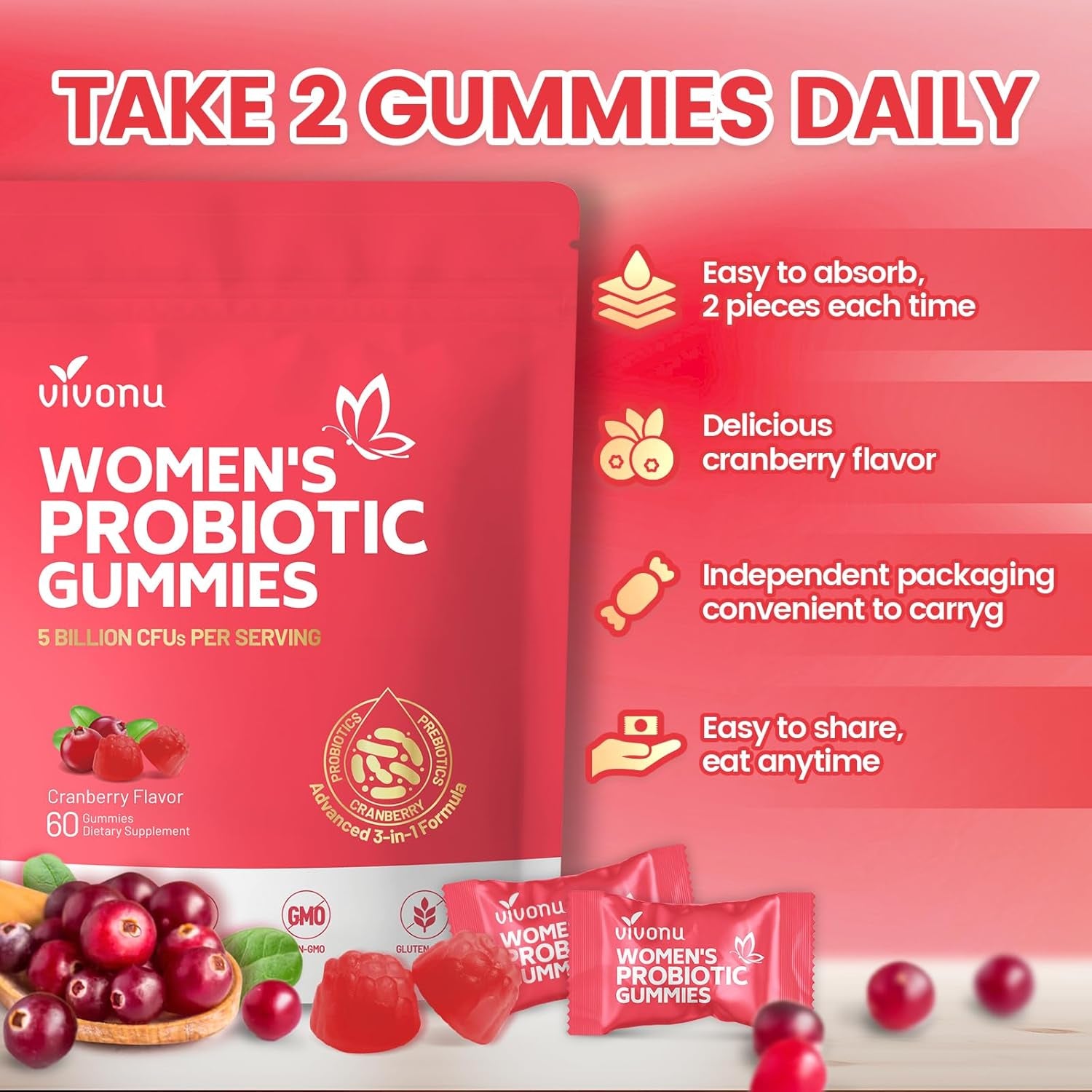 VivoNu Women’s Probiotic Gummies (Cranberry Flavor) – 60 Gummies | Vaginal Balance, pH Support & Digestive Health