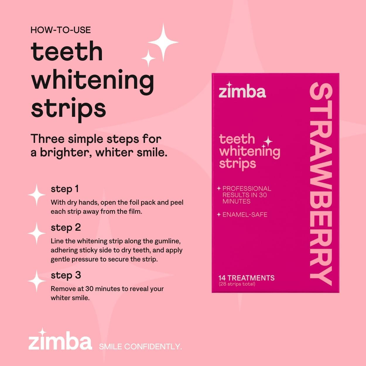 Zimba Strawberry Teeth Whitening Strips – 14 Treatments (28 Strips) | Brighten Smile, Remove Stains & Freshen Breath