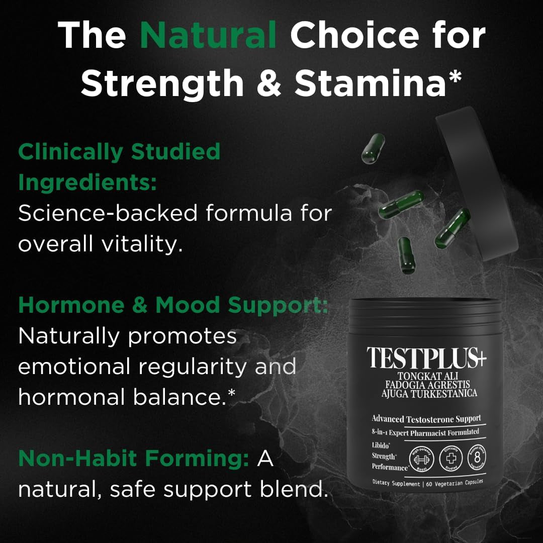 TESTPLUS+ 1,450Mg 8-In-1 Testosterone Support for Men - High Strength Tongkat Ali, Fadogia Agrestis, Turkestanica & Tribulus - Natural Performance, Energy & Muscle Growth Formula (60 Capsules)