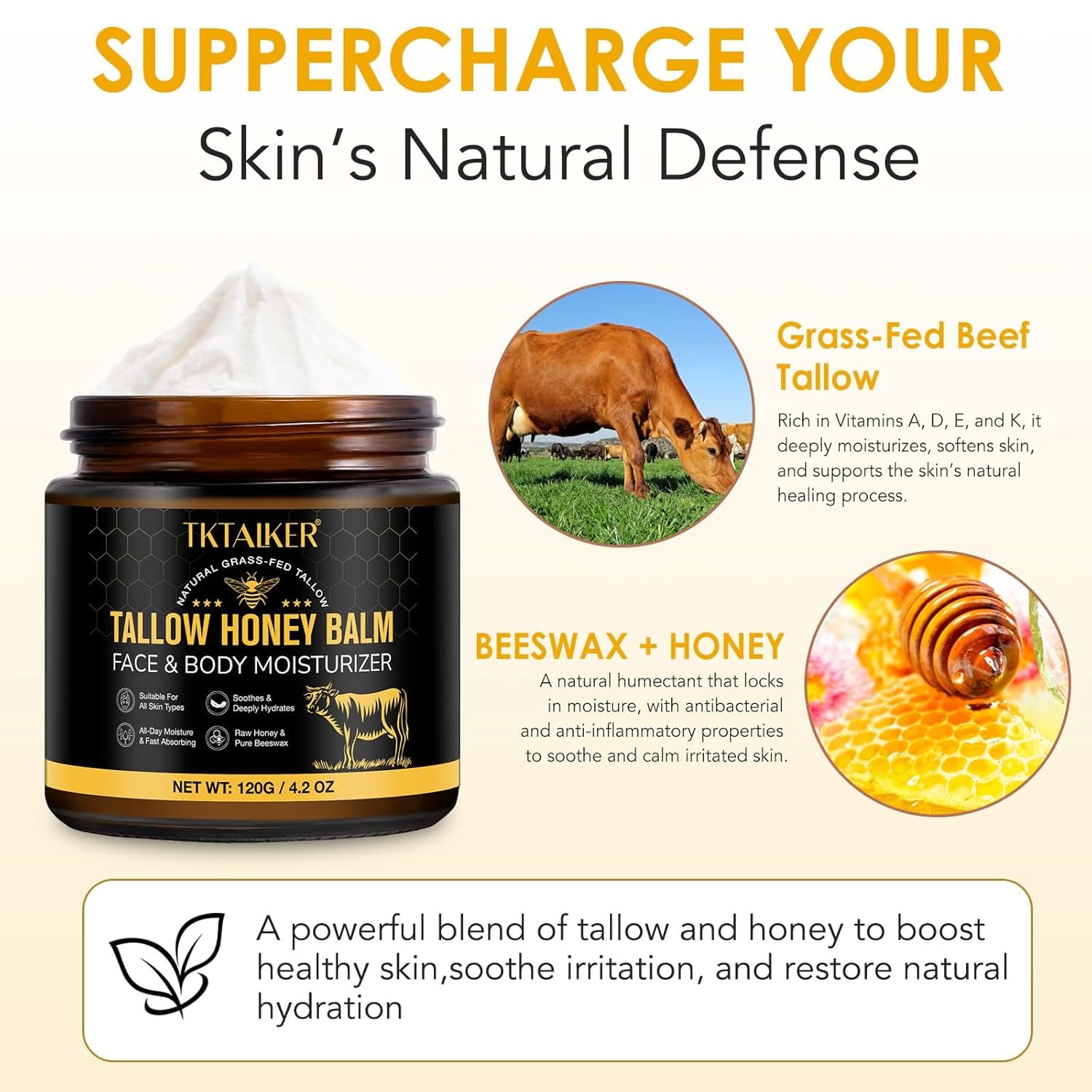 TKTALKER Tallow Honey Balm – 120g | Unscented | Ultra-Nourishing Face & Body Moisturizer with Grass-Fed Beef Tallow & Raw Honey