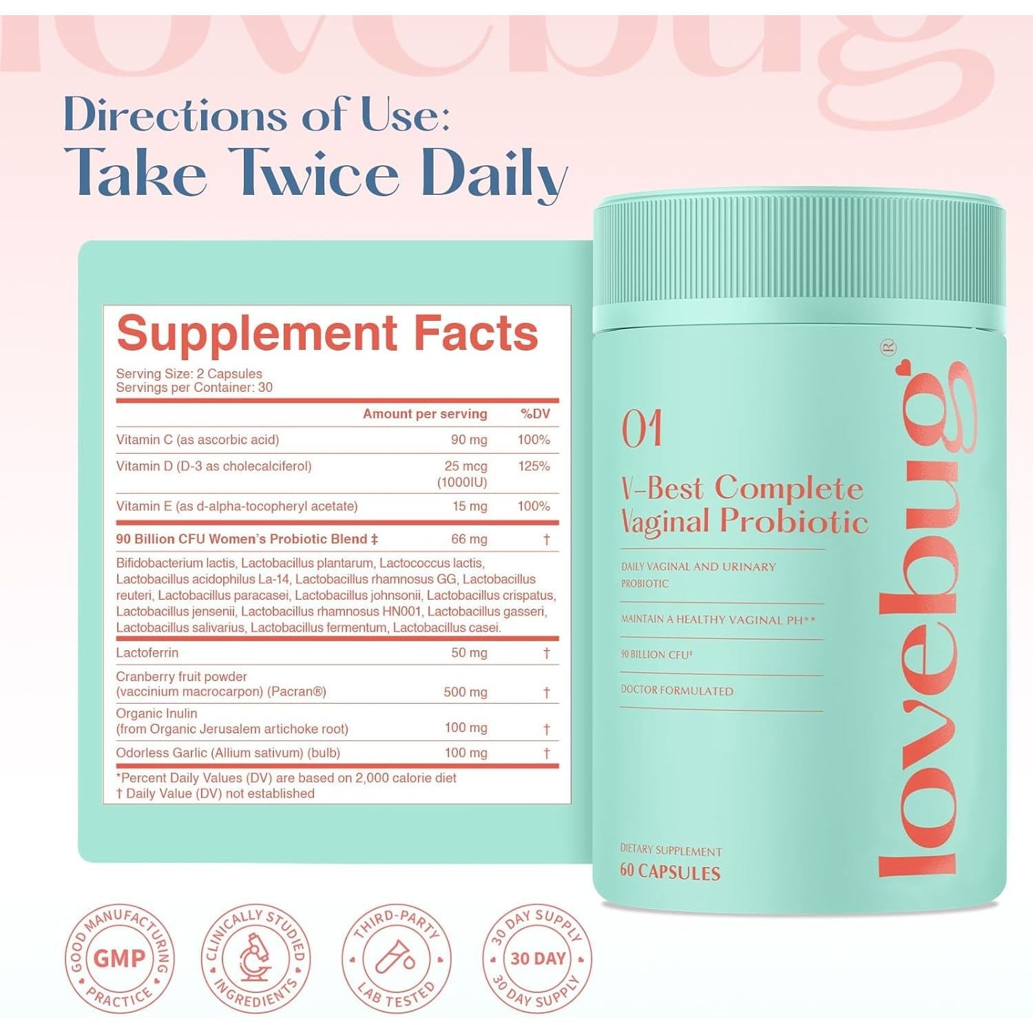 LoveBug Women's Health V-Best Complete Vaginal Probiotic – 60 Capsules | 90 Billion CFU, pH Balance, Yeast & UTI Support