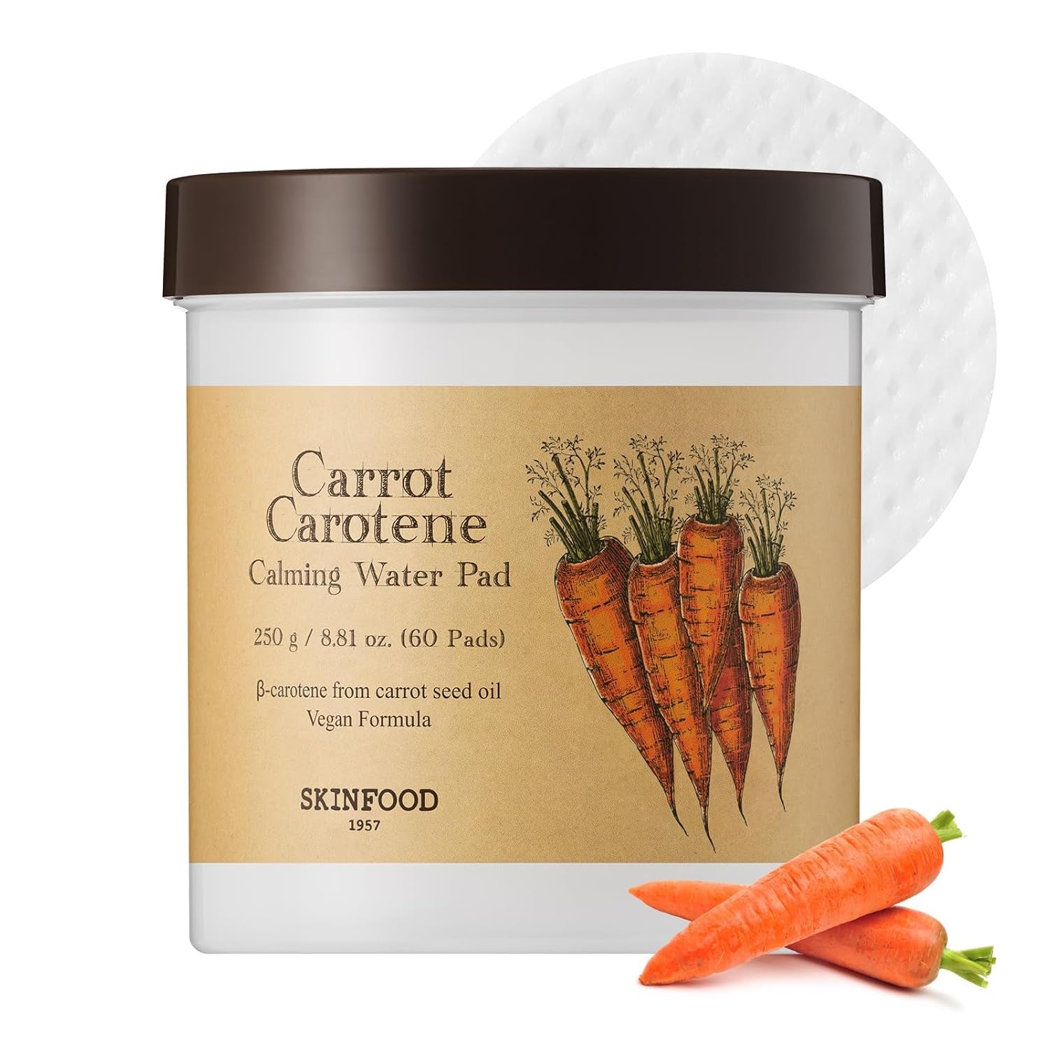 SKINFOOD Carrot Carotene Calming Water Pad – 250g, 60 Pads | Vegan Korean Toner Pads for Sensitive Skin