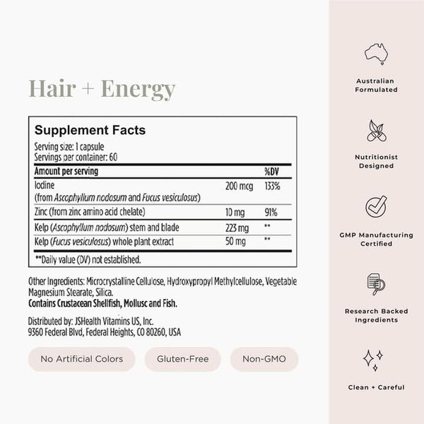 JSHealth Hair + Energy – 60 Capsules | Hair Growth & Energy Support with Iodine & Zinc