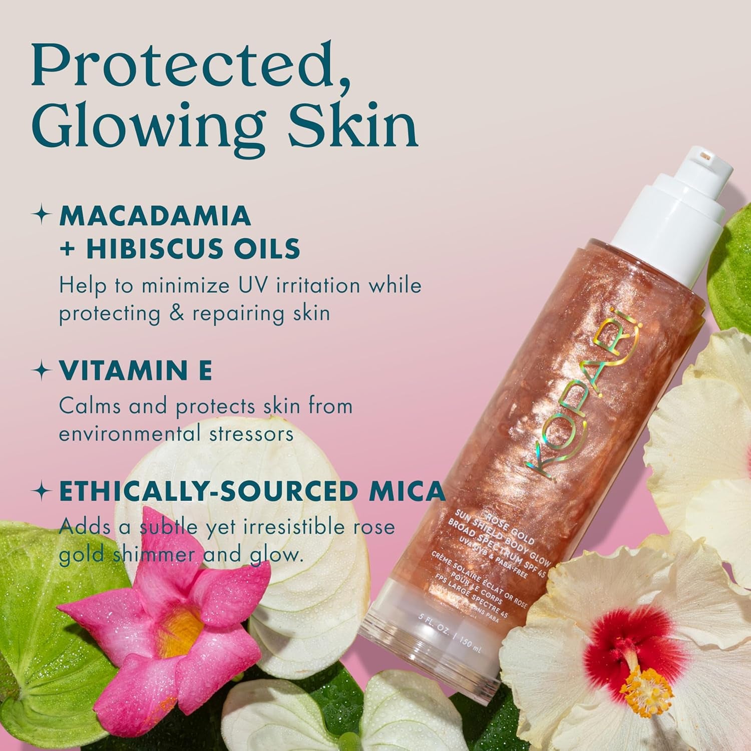 Sun Shield Body Glow, Broad Spectrum SPF 45, Lightweight Shimmering Gel Texture Absorbs Quickly, Non Sticky, Glowing Results, Rose Gold 5 Oz